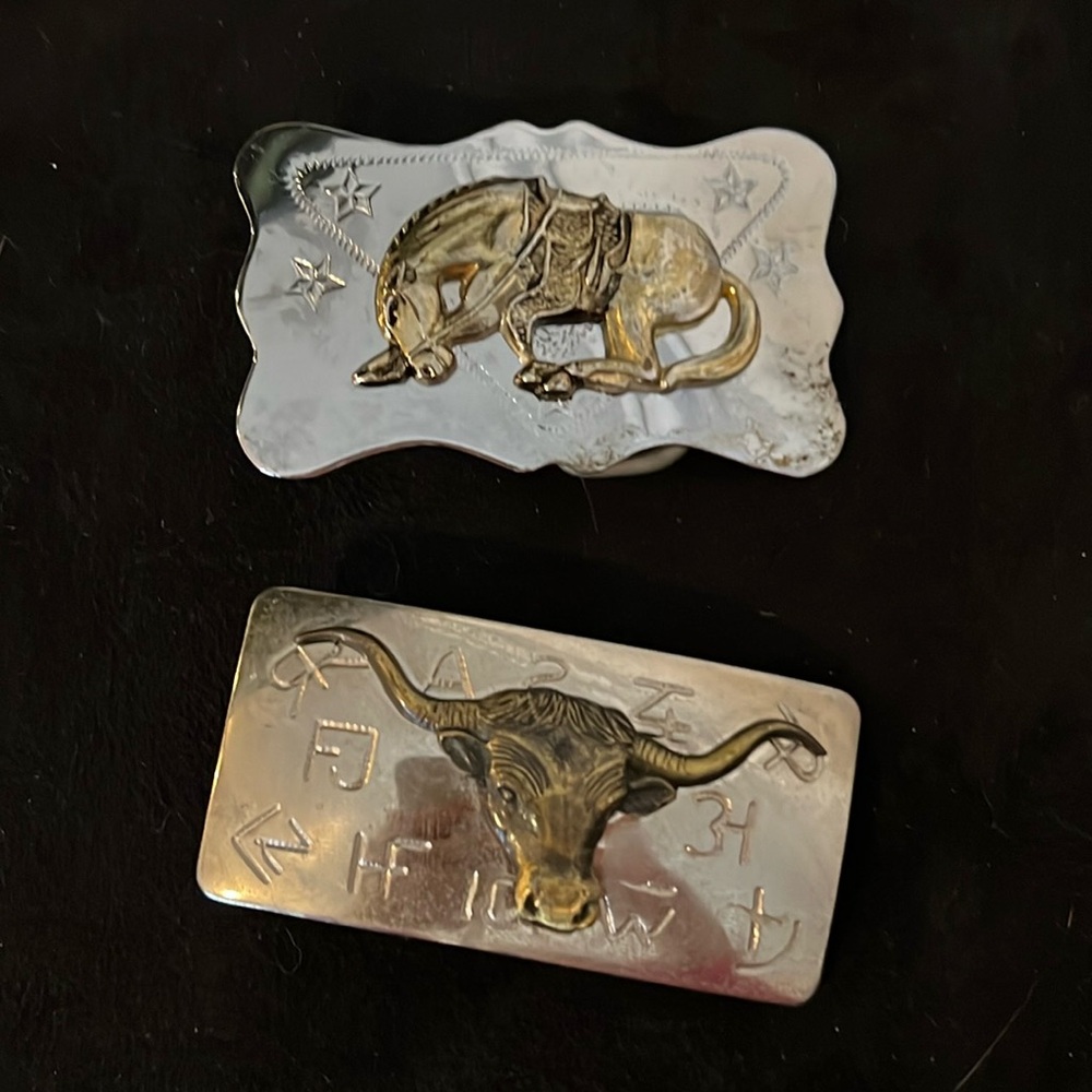 2 Vintage Western Cowboy Chambers belt buckles steer rodeo